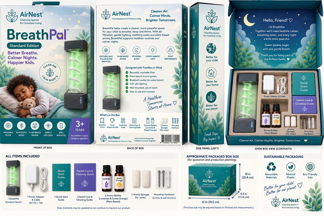 BreathPal Standard Edition retail packaging, front, back, side and open-box views