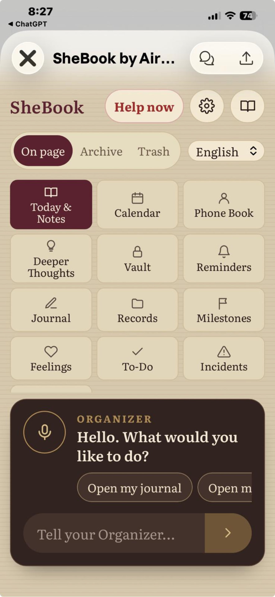 SHEBOOK app screenshot showing its twelve-section grid