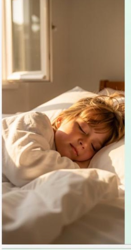 A child waking up rested on a bright morning